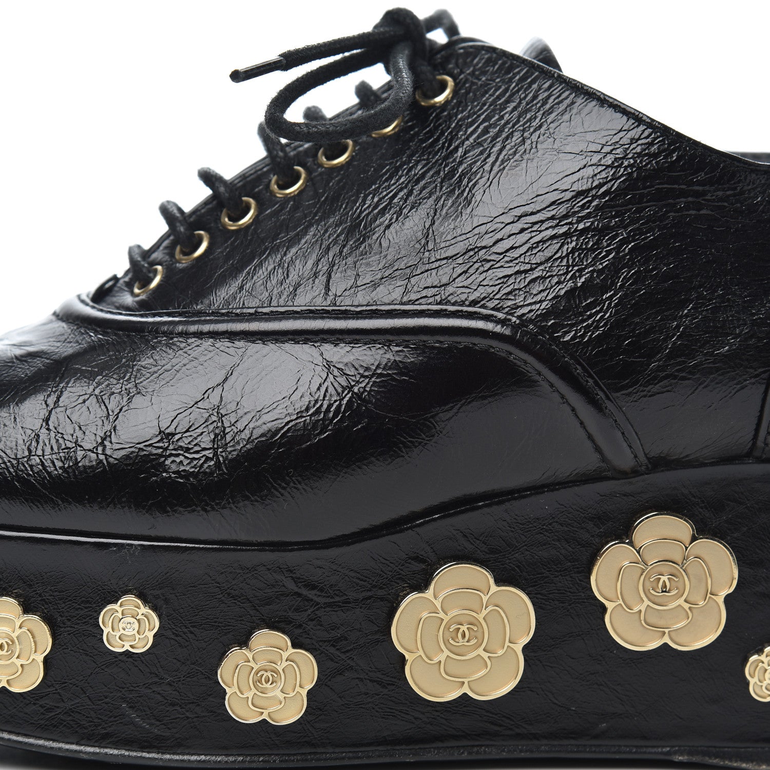 Chanel Crumpled Calfskin Lace Up Platform Oxfords 37 Black 15 of 22