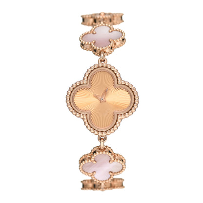 Van Cleef & Arpels 18K Rose Gold Pink Mother of Pearl 23mm Alhambra Guilloche Quartz Watch 1 of 5