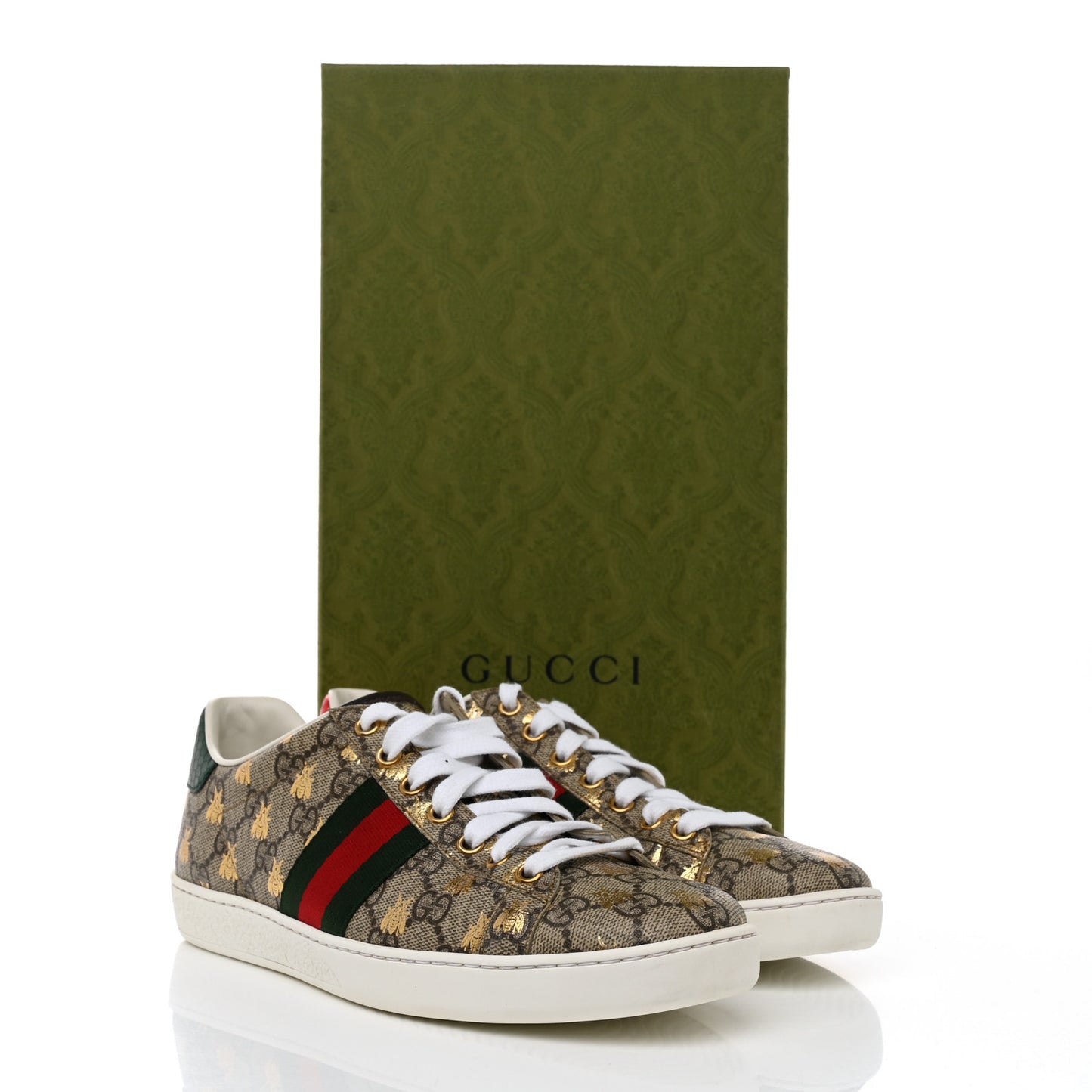 GG Supreme Monogram Bees Ayers Web Womens Ace Sneakers 38.5 Beige Oro Green Red