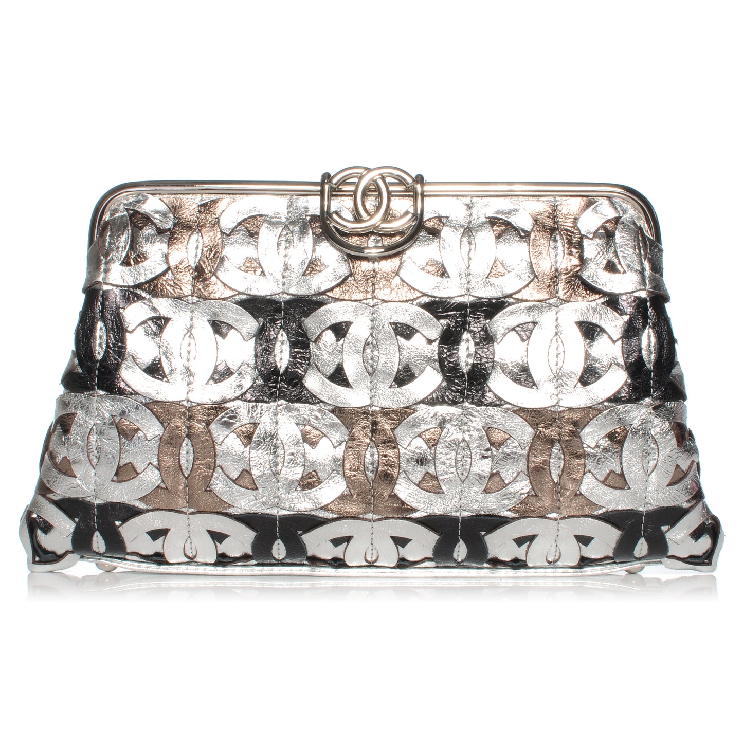 Calfskin Crackled CC Mix Frame Clutch Gold Silver