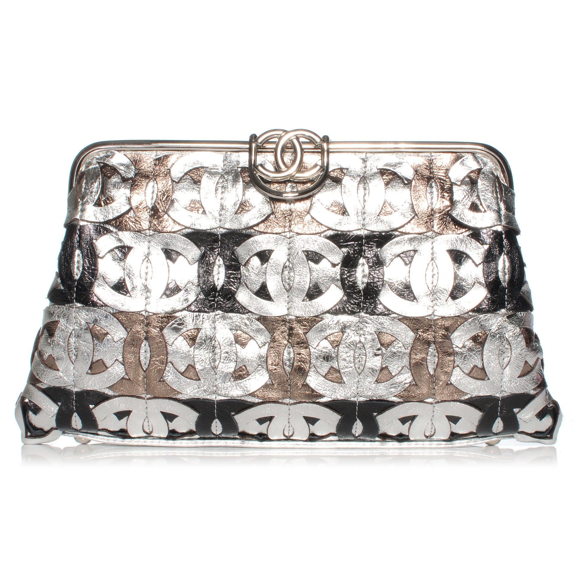 Chanel Calfskin Crackled CC Mix Frame Clutch Gold Silver 1 of 7