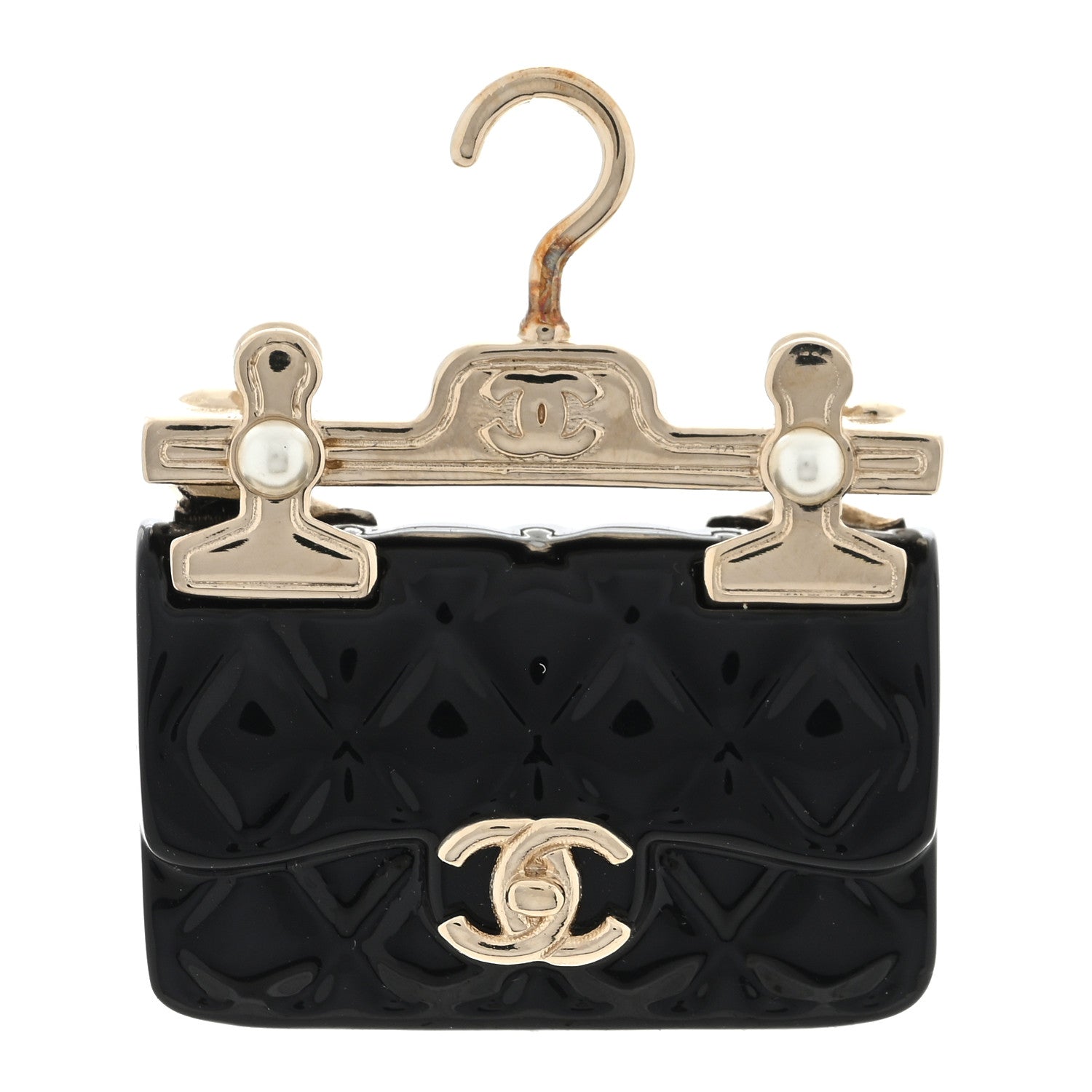 Chanel Metal Enamel Quilted Flap Hanger Brooch Gold Black 1 of 3