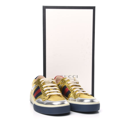 Gucci Metallic Nappa Web Mens Low Top Sneakers 8 Argento Oro Vecchio 10 of 10