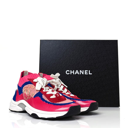 Chanel Fabric Suede Calfskin Stretch CC Sneakers 38 Pink Red Blue 10 of 10
