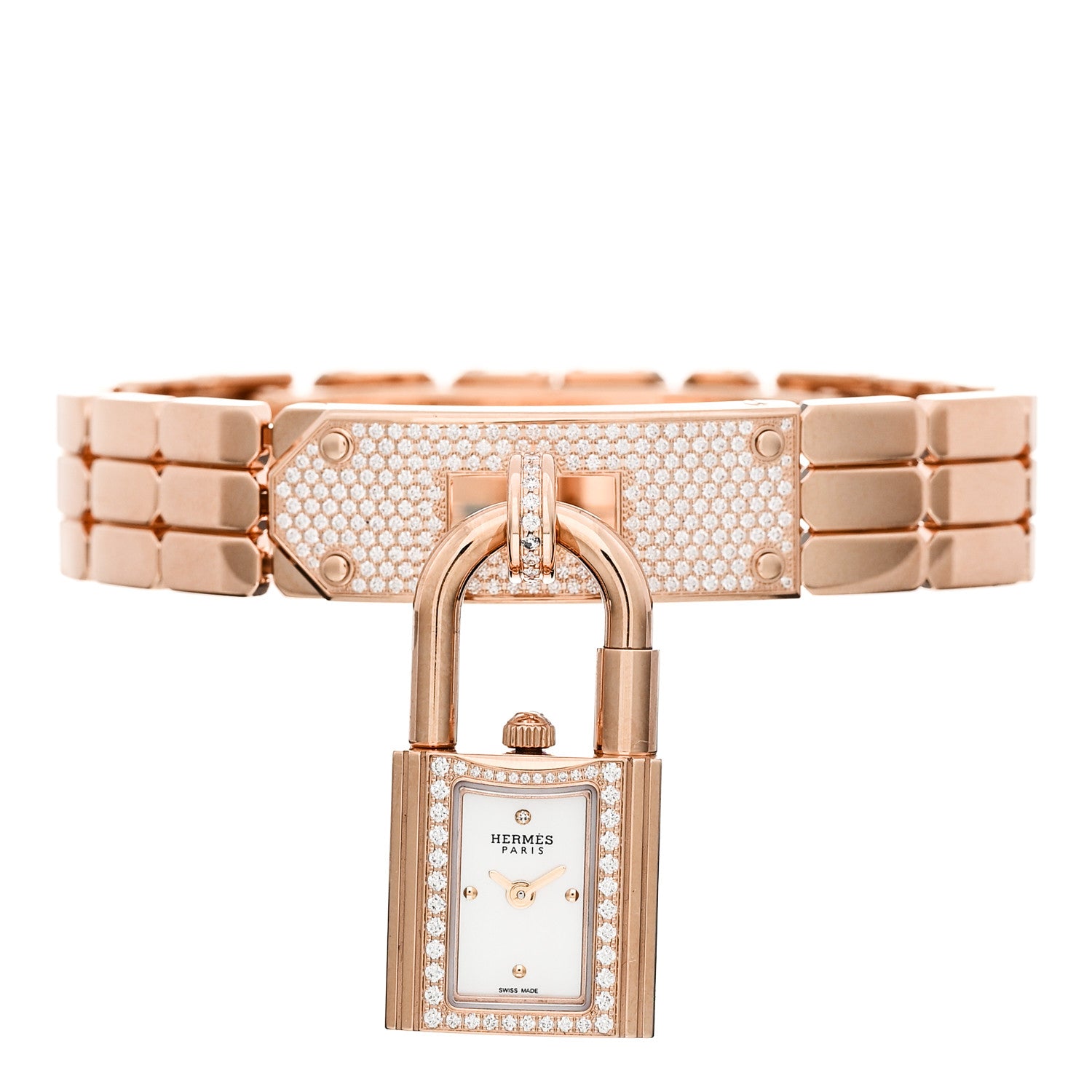 Hermes 18K Rose Diamond Pave 16mm Kelly Quartz Watch 2 of 6