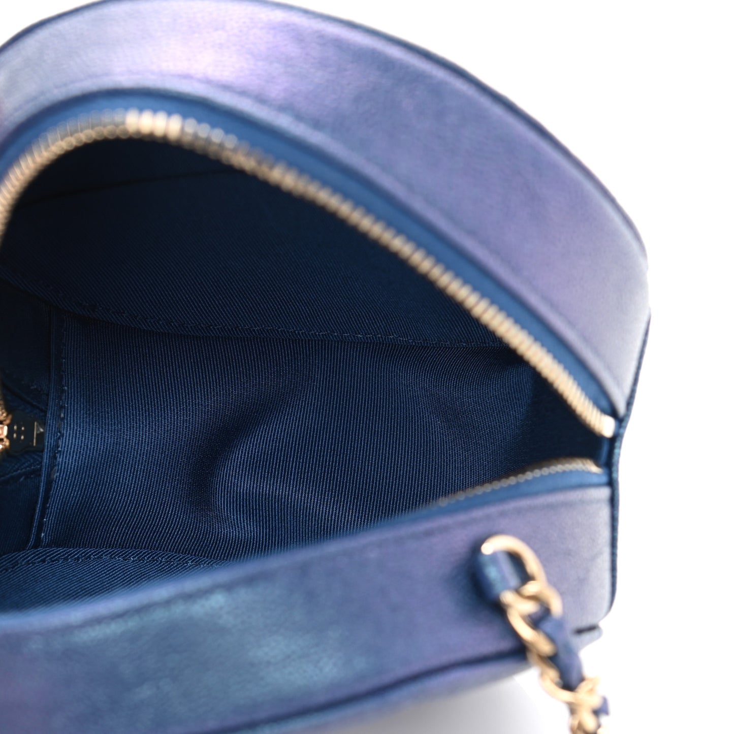 Iridescent Caviar Quilted Round Clutch With Chain Blue