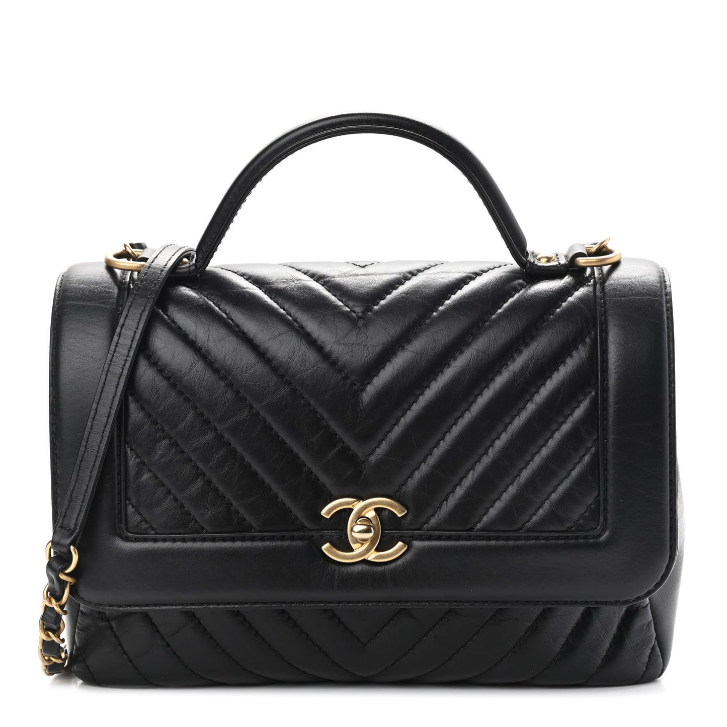 Calfskin Chevron Quilted Top Handle Flap Black