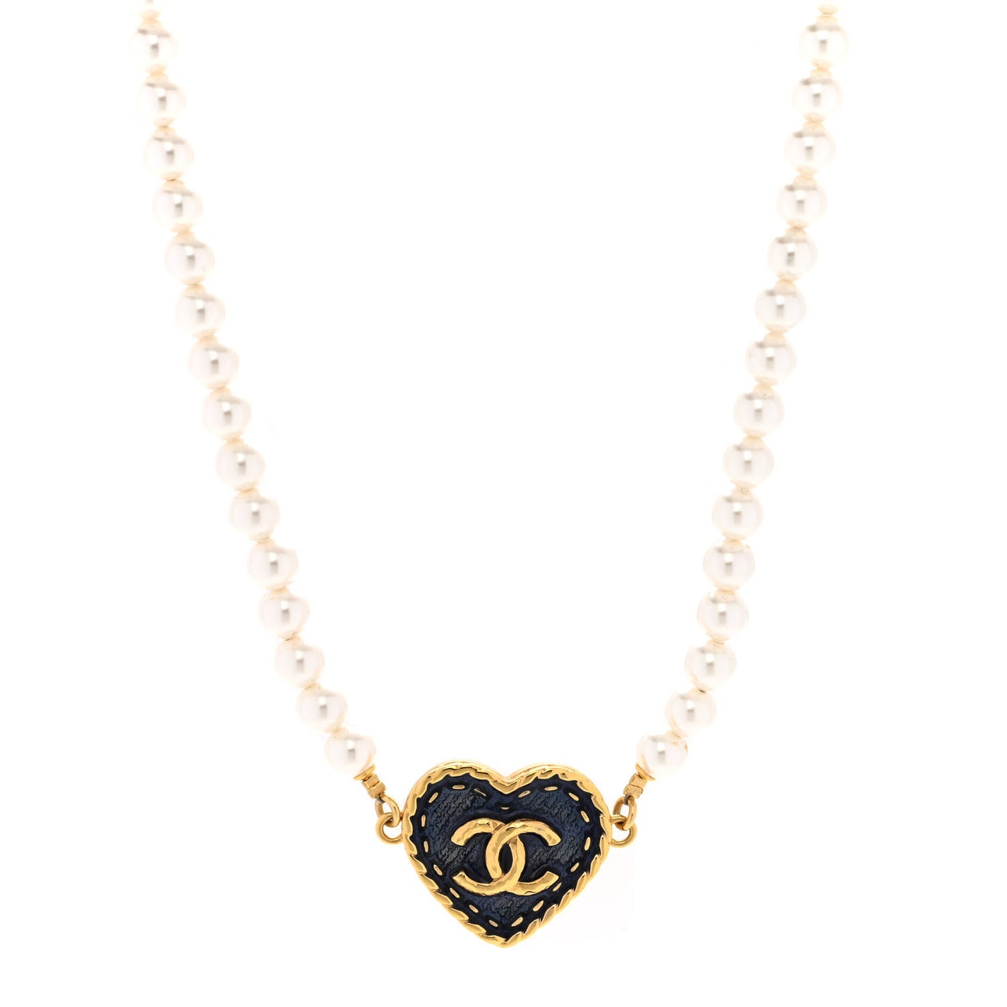 Metal Denim CC Heart Choker Gold Blue Pearly White
