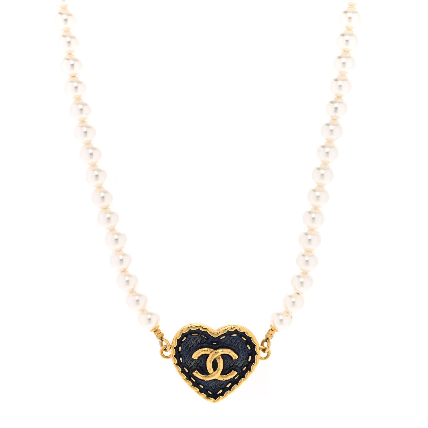 Chanel Metal Denim CC Heart Choker Gold Blue Pearly White 1 of 5