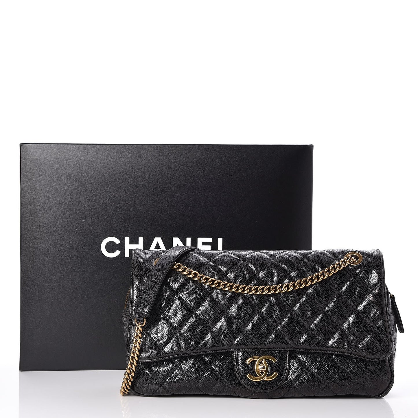 Crumpled Grained Calfskin Quilted Large Shiva Flap Black