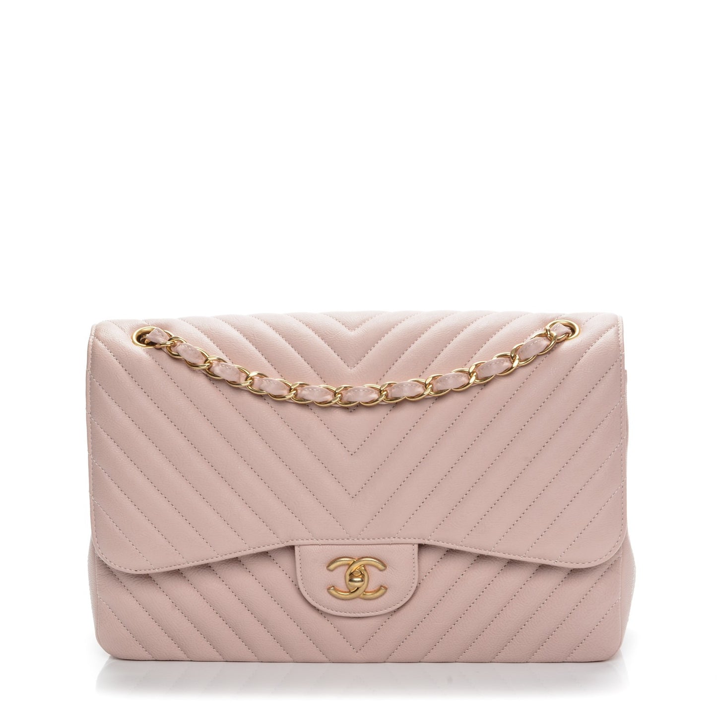 Calfskin Chevron Quilted Jumbo Double Flap Light Pink