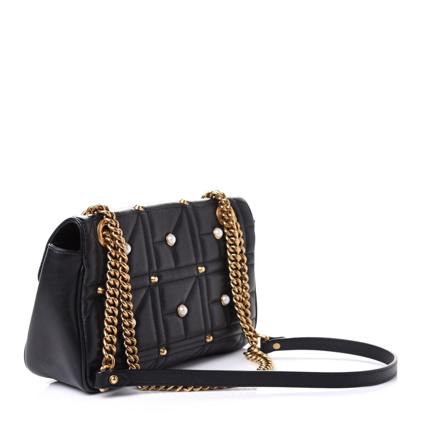 Calfskin Matelasse Studded Small Pearly GG Marmont Shoulder Bag Black