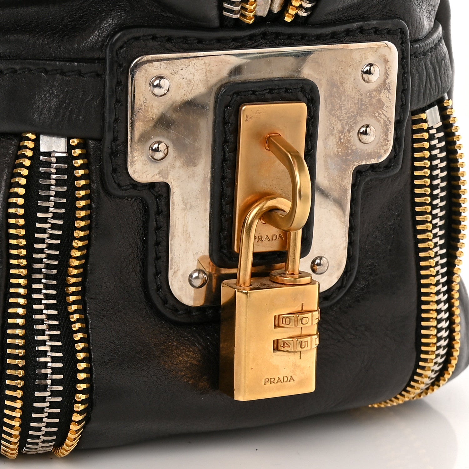 Prada Glace Calfskin Zippers Plaque Boston Black 10 of 10