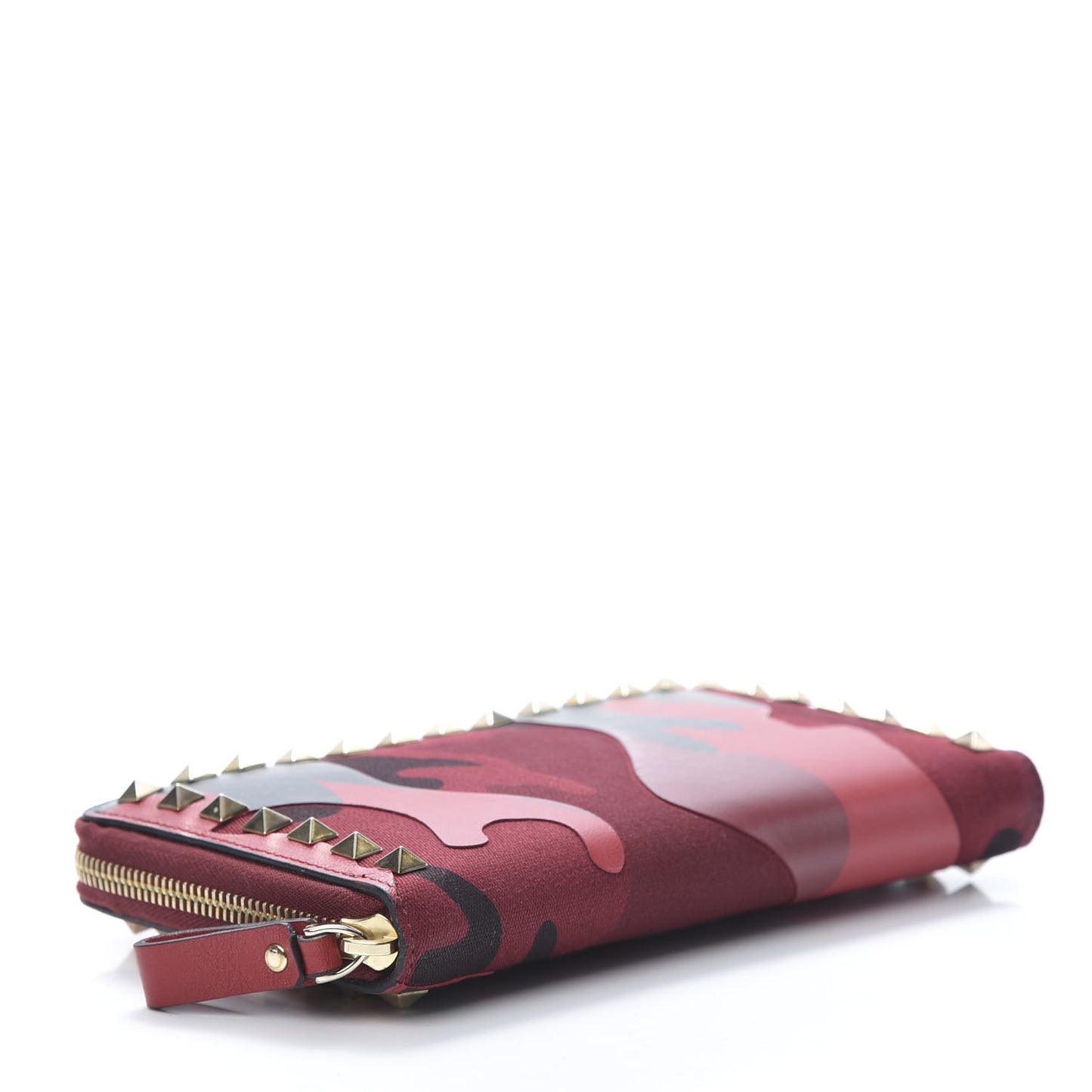 Canvas Calfskin Camouflage Rockstud Zip Around Wallet Red