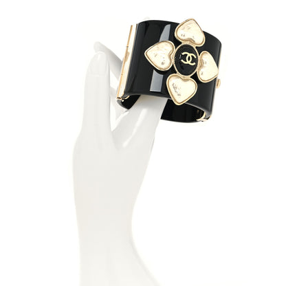 Chanel Resin Pearl Enamel CC Cuff Bracelet Black Pearly White Gold 2 of 6