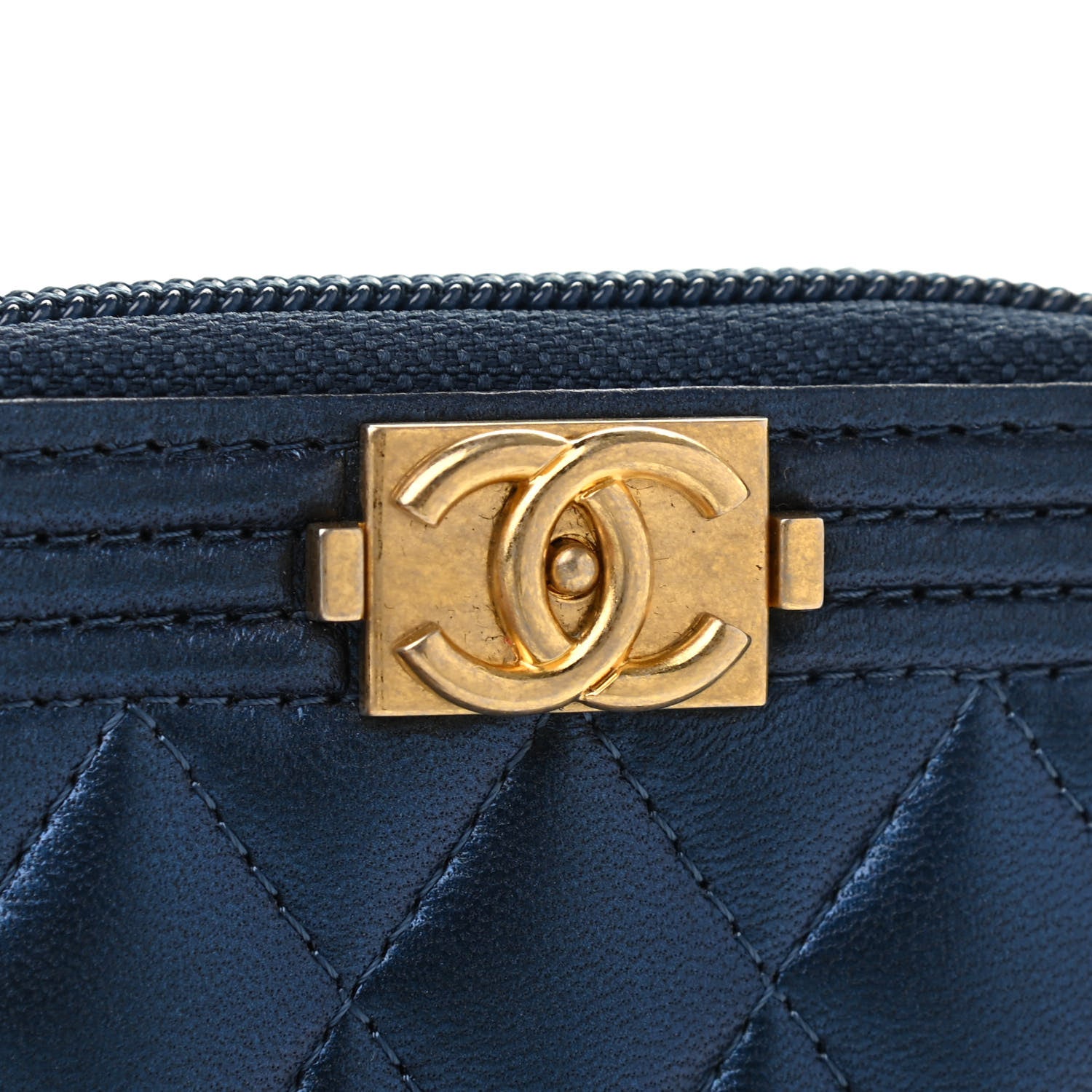 Chanel Metallic Lambskin Quilted Boy Zip Around Coin Purse Wallet Navy 8 of 8