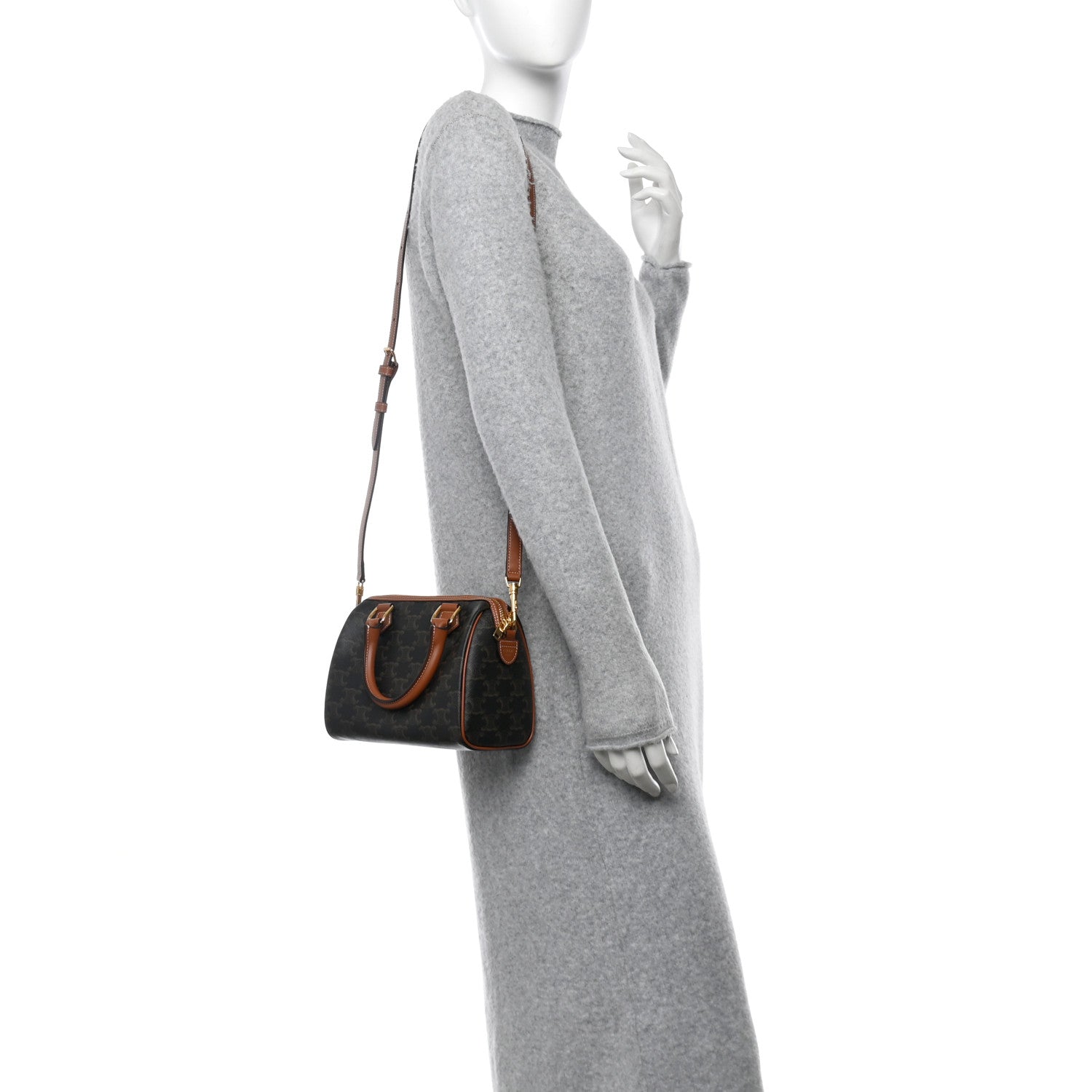 Celine Triomphe Canvas Calfskin Small Boston Bag Tan 2 of 11