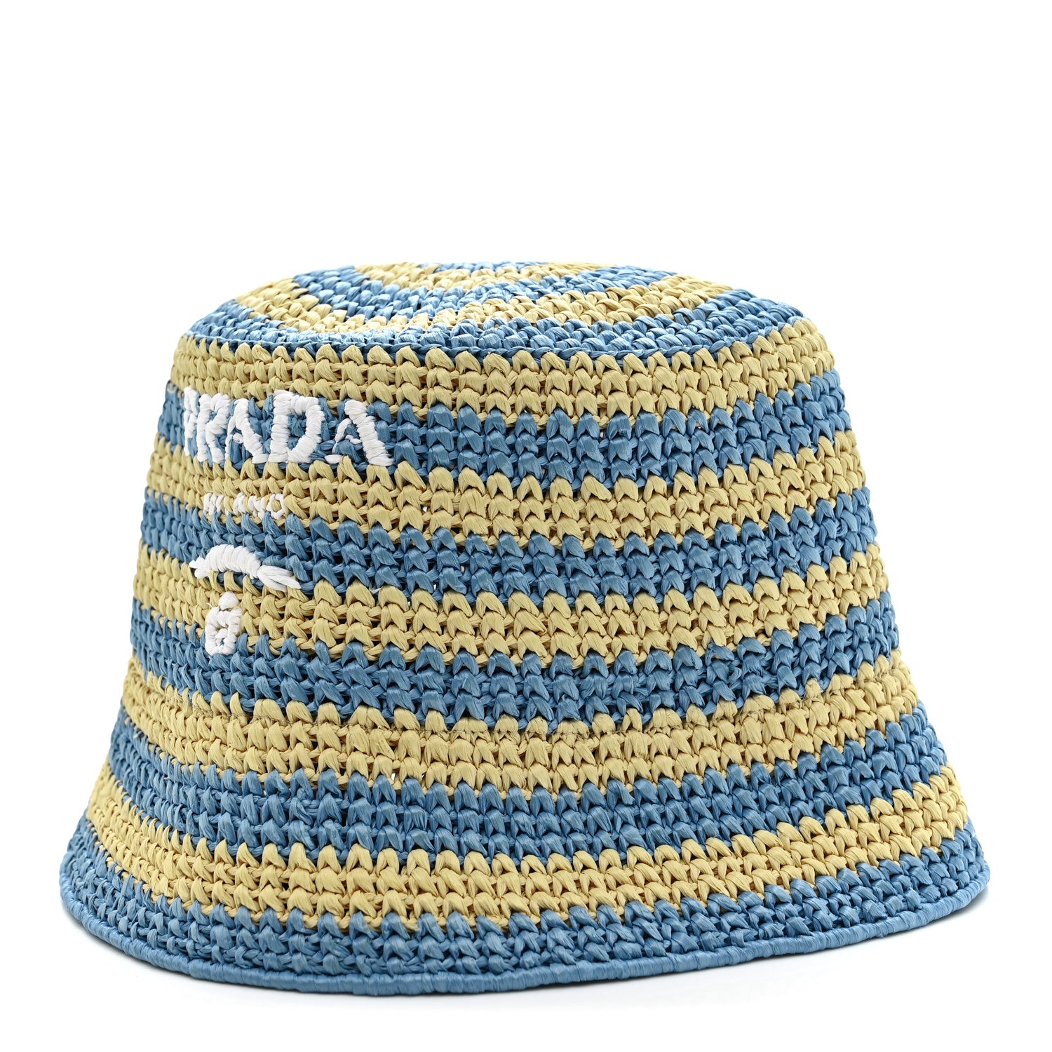 Prada Raffia Striped Logo Embroidered Womens Bucket Hat M Naturale Cielo 1 of 8