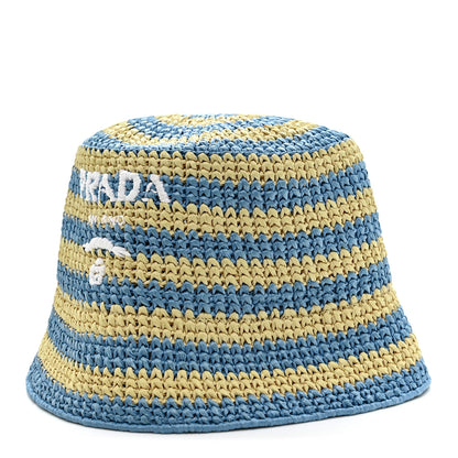 Prada Raffia Striped Logo Embroidered Womens Bucket Hat M Naturale Cielo 1 of 8