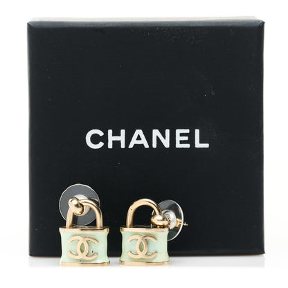 Chanel Resin Glitter Padlock CC Hoop Earrings Blue Gold 5 of 5