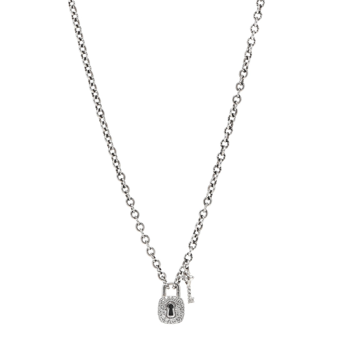 Sterling Silver Diamond Cable Collectibles Lock and Key Charm Pendant Necklace