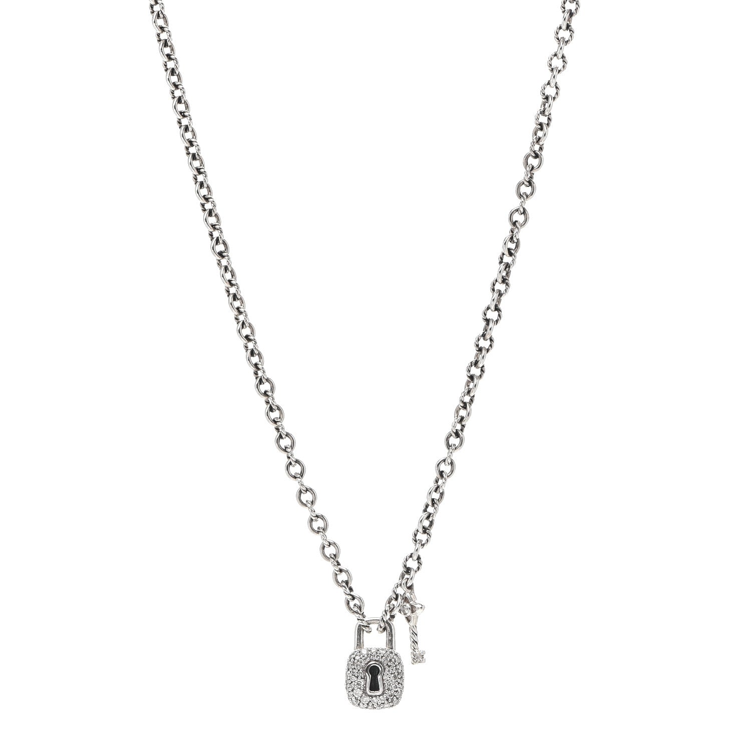 David Yurman Sterling Silver Diamond Cable Collectibles Lock and Key Charm Pendant Necklace 1 of 6