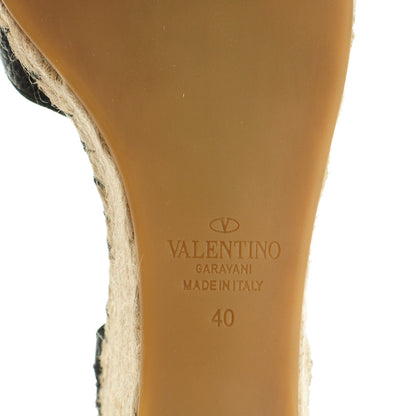 Valentino Garavani Grained Calfskin Rockstud Ankle Wrap Espadrille 15/85mm Wedges 40 Black Light Ivory 6 of 8