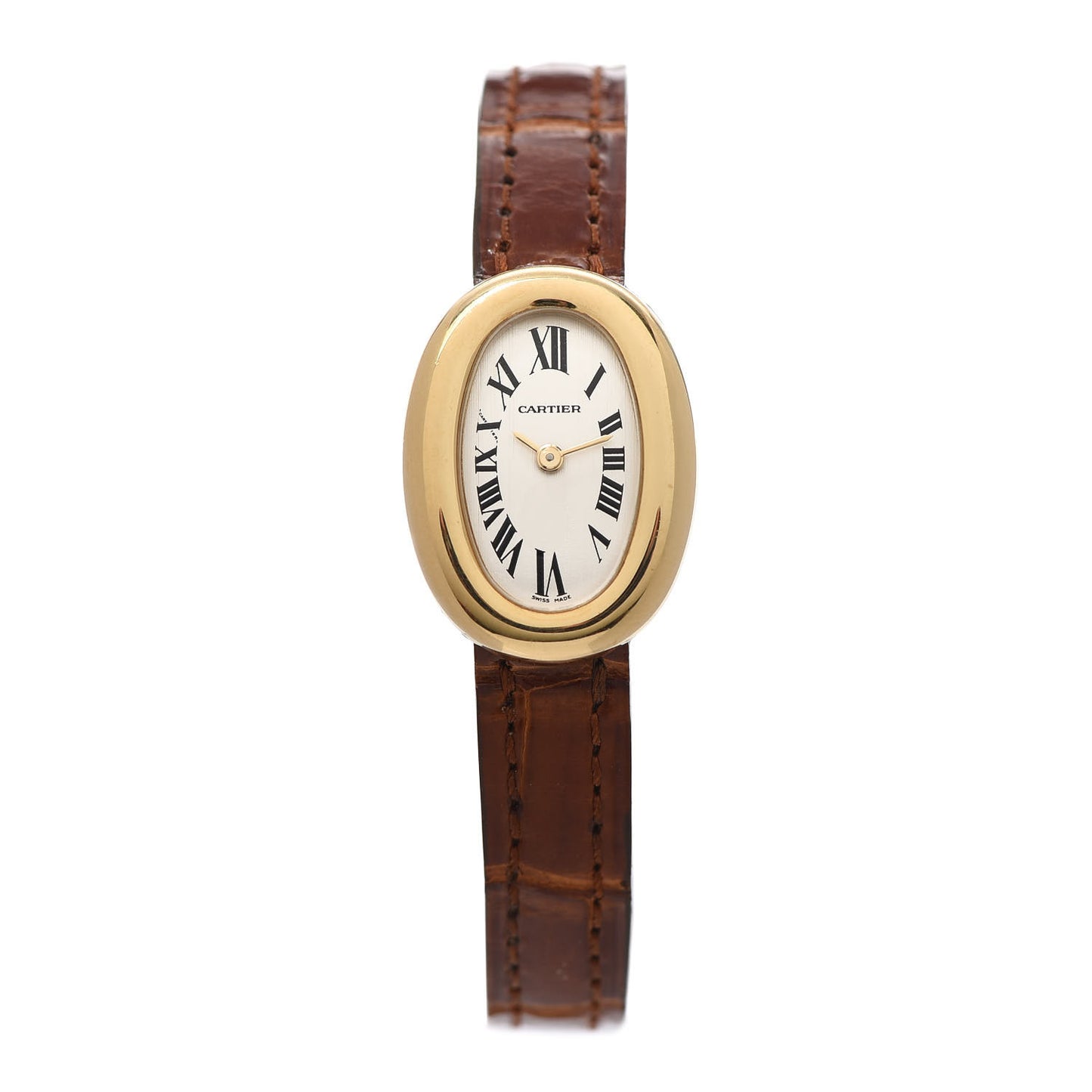 18K Yellow Gold Alligator 18mm Baignoire Quartz Watch Brown