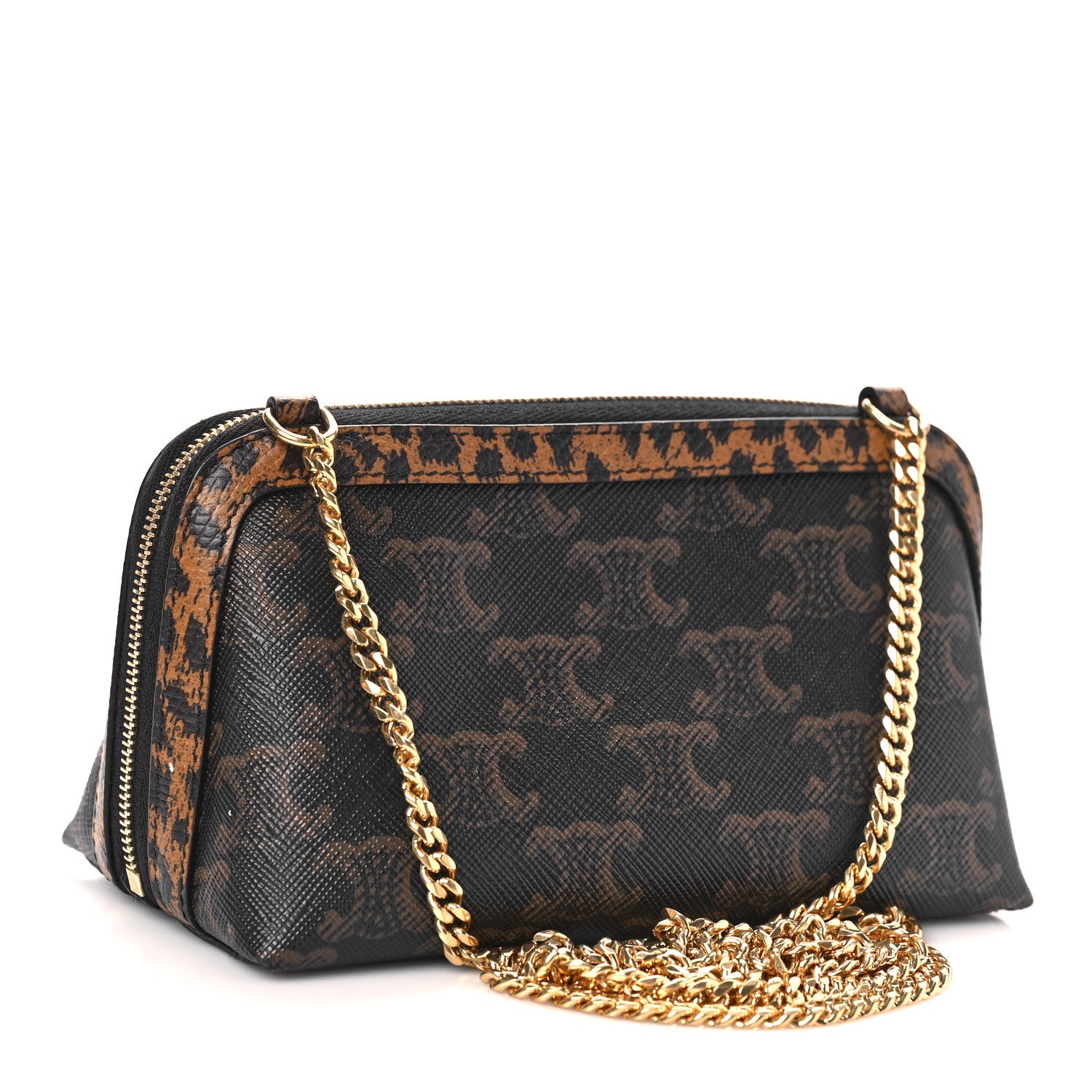 Celine Triomphe Canvas Calfskin Leopard Print Mini Clutch on Chain Black Tan 2 of 7
