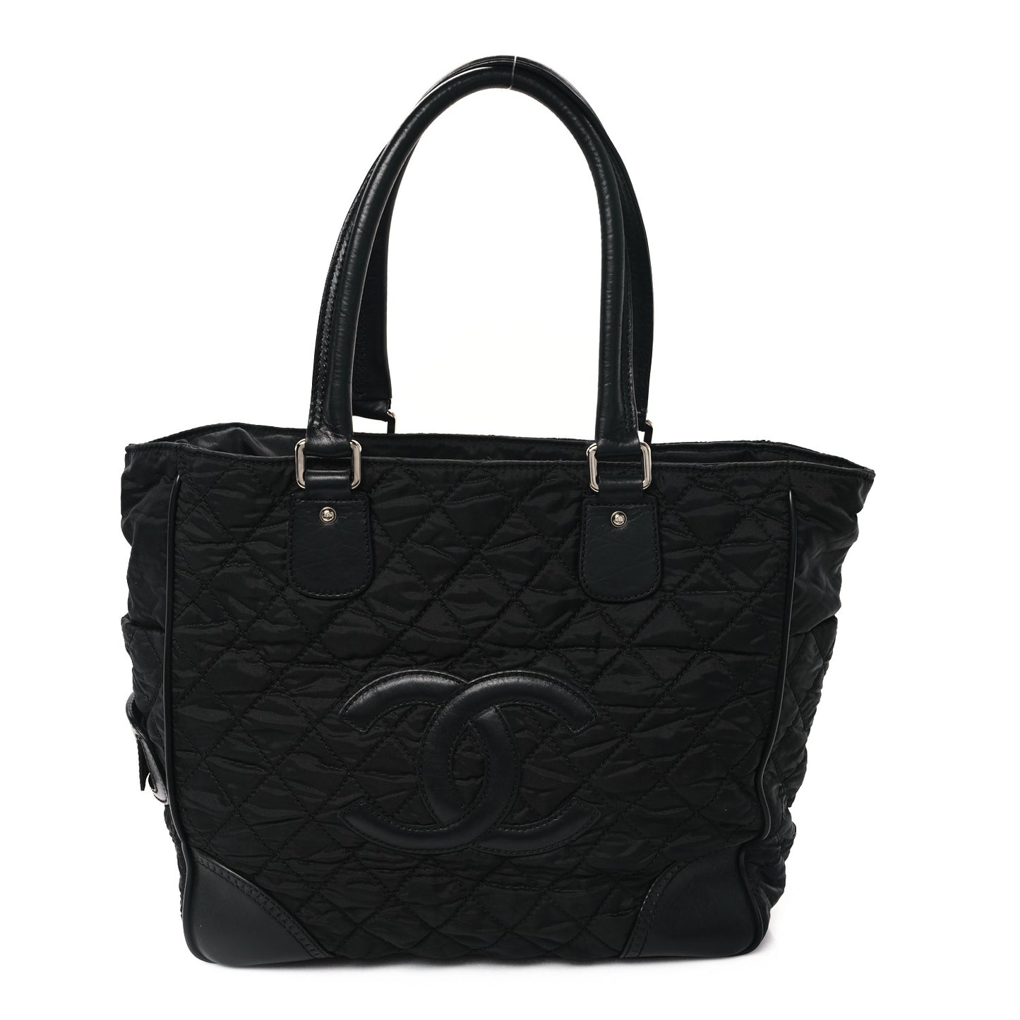 Nylon Calfskin Quilted CC Paris New York Tote Bag Black