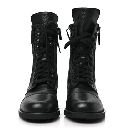 Chanel Sheepskin Quilted CC Tall Lace Up Combat Boots 36.5 Black 2 of 6