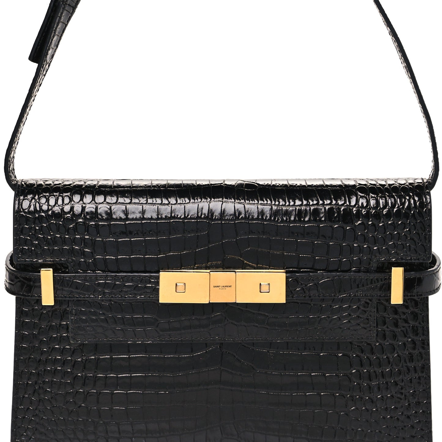 Shiny Calfskin Crocodile Embossed Small Manhattan Baguette Black