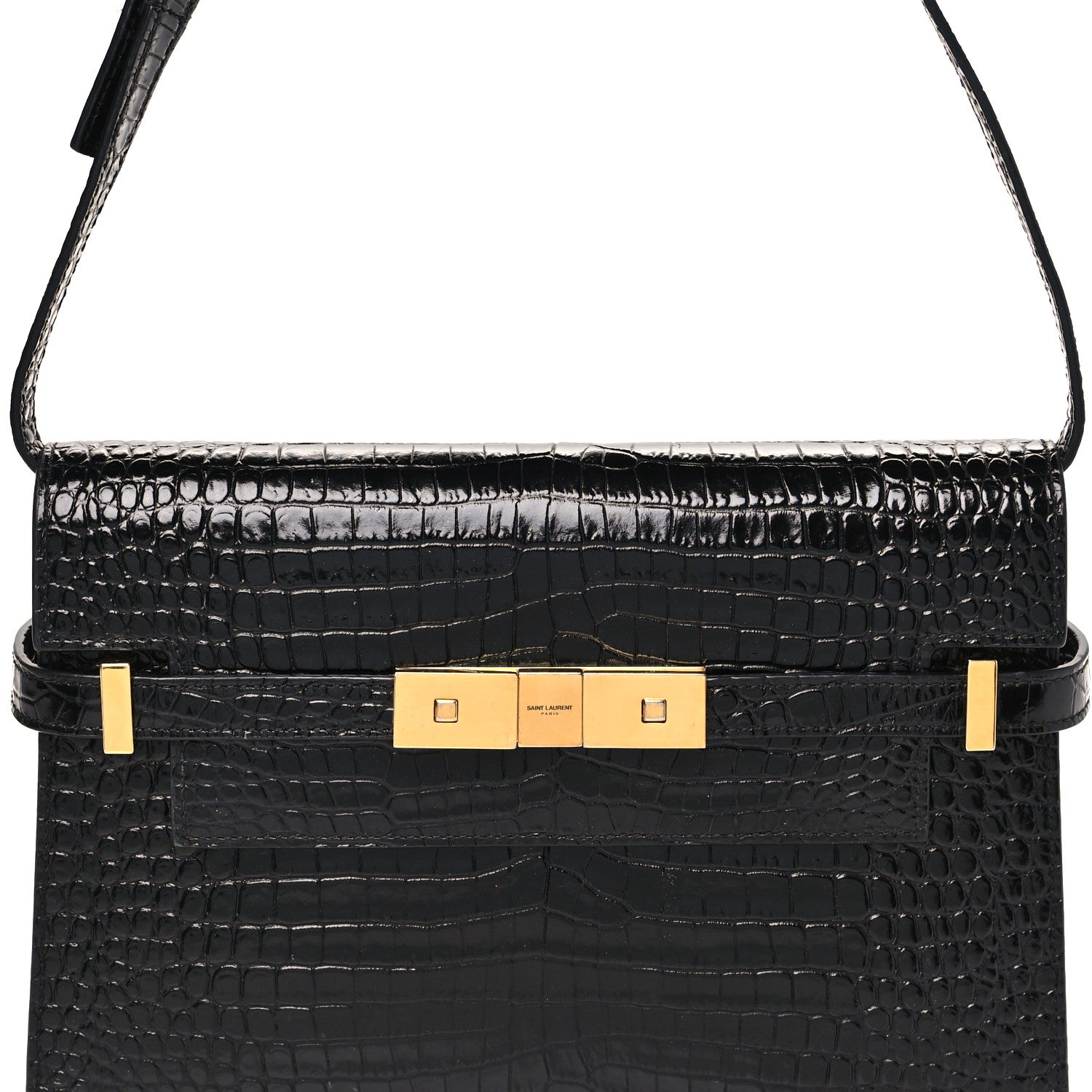 Saint Laurent Shiny Calfskin Crocodile Embossed Small Manhattan Baguette Black 7 of 9