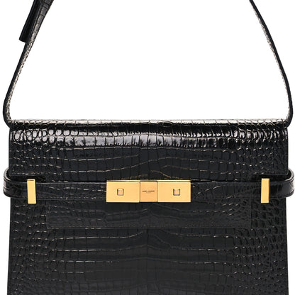 Saint Laurent Shiny Calfskin Crocodile Embossed Small Manhattan Baguette Black 7 of 9