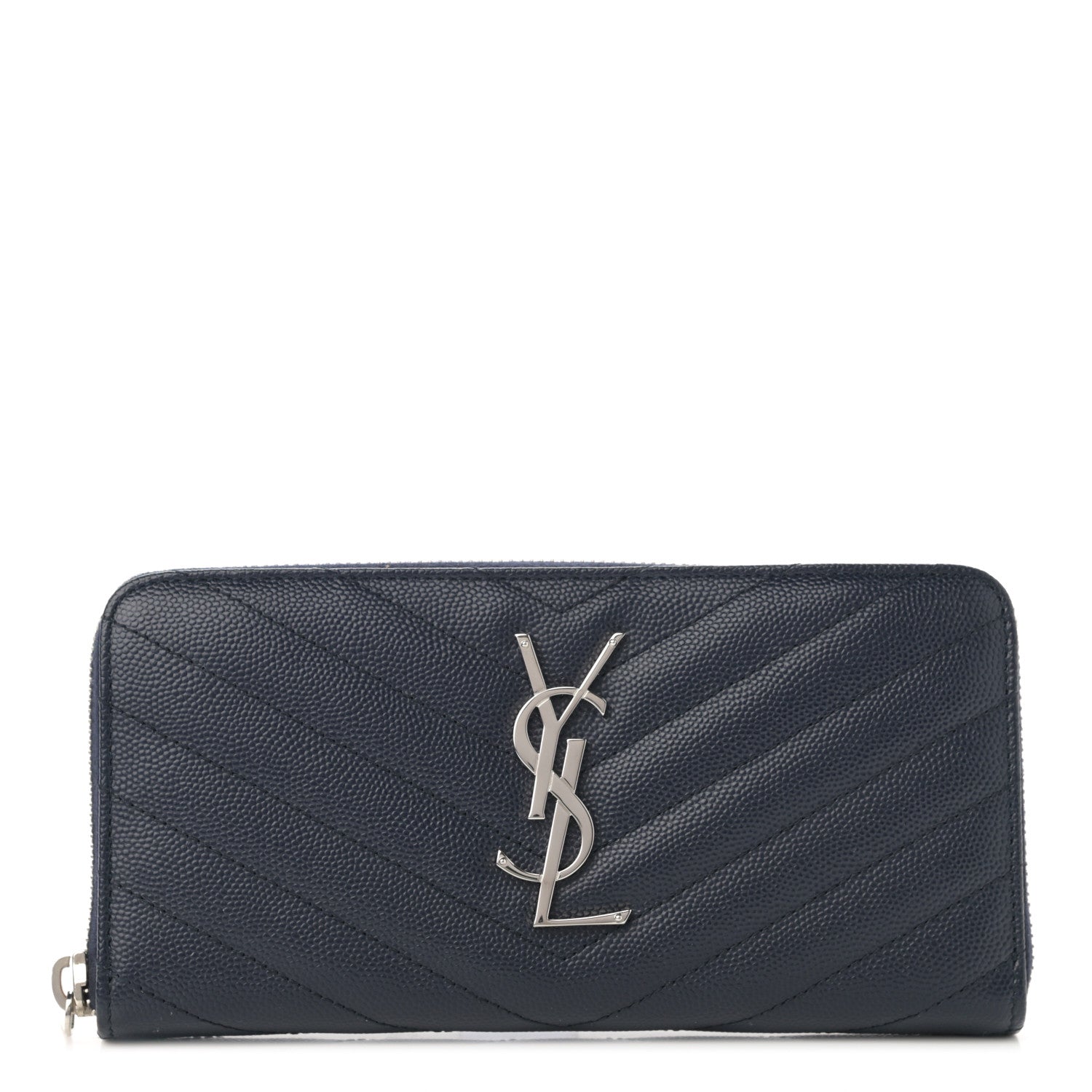 Saint Laurent Grain De Poudre Matelasse Chevron Monogram Zip Around Wallet Deep Marine 1 of 10