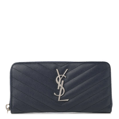 Saint Laurent Grain De Poudre Matelasse Chevron Monogram Zip Around Wallet Deep Marine 1 of 10