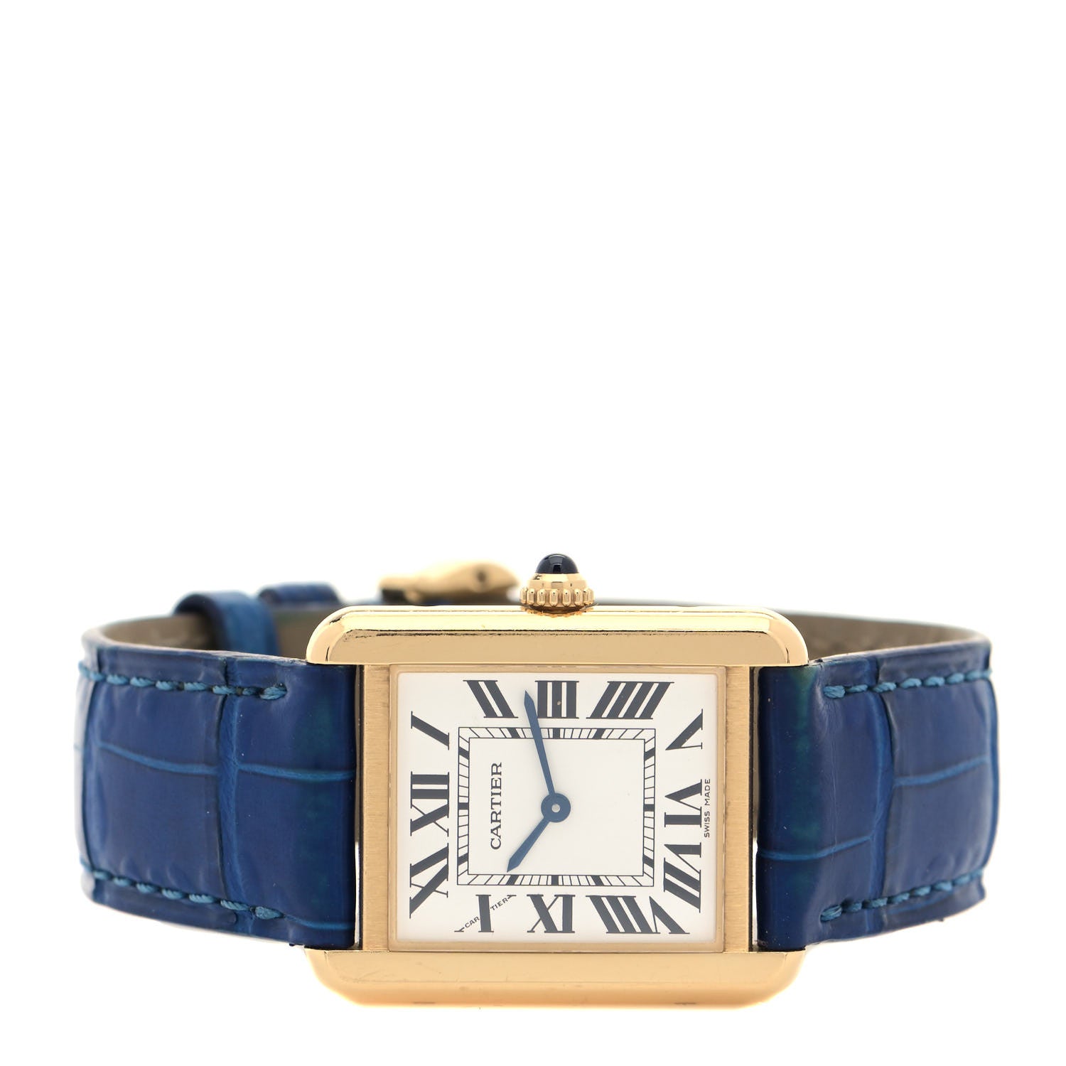 Cartier Stainless Steel 18K Yellow Gold Alligator 24mm Tank Solo Quartz Watch Blue 2 of 4