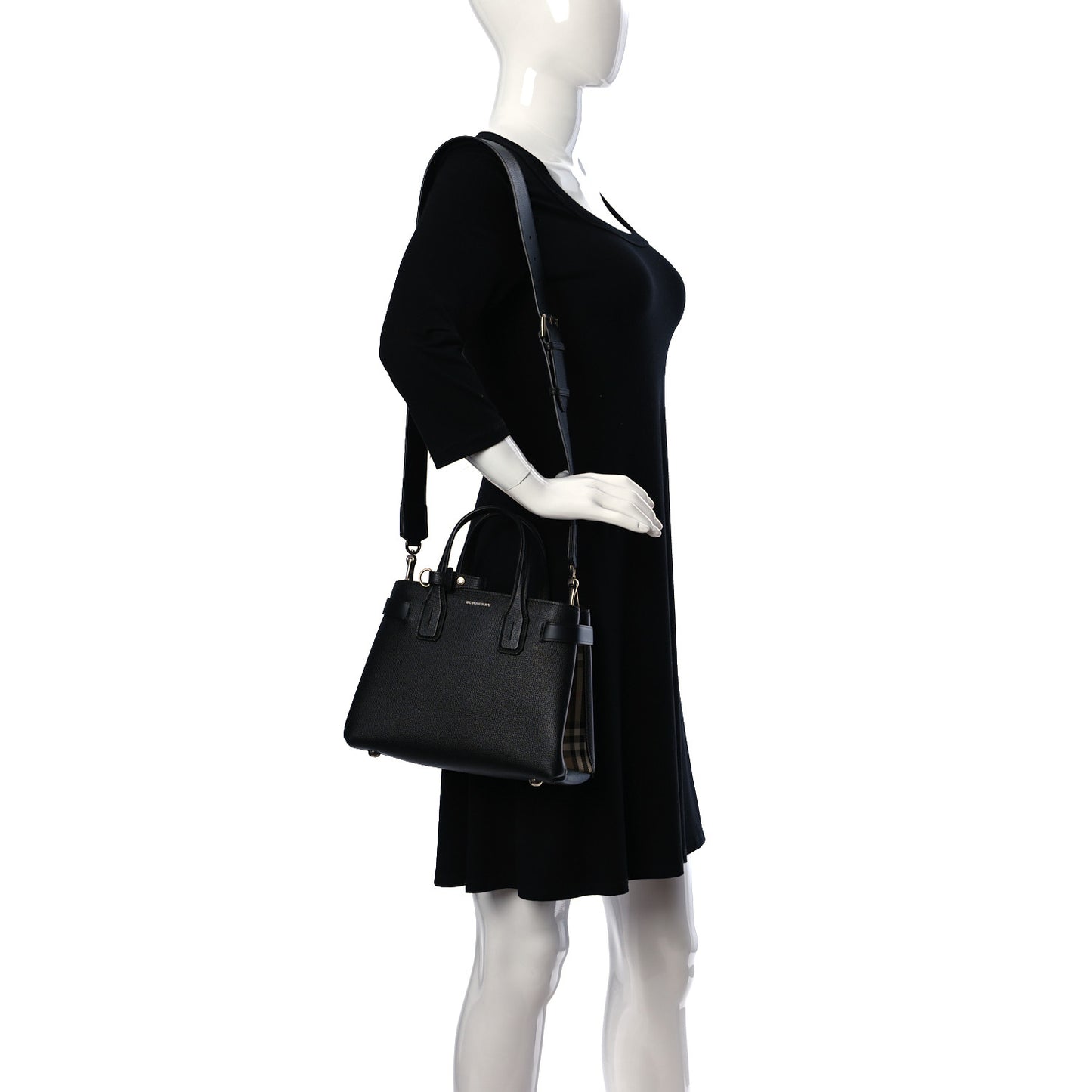Grainy Calfskin House Check Small Banner Tote Black
