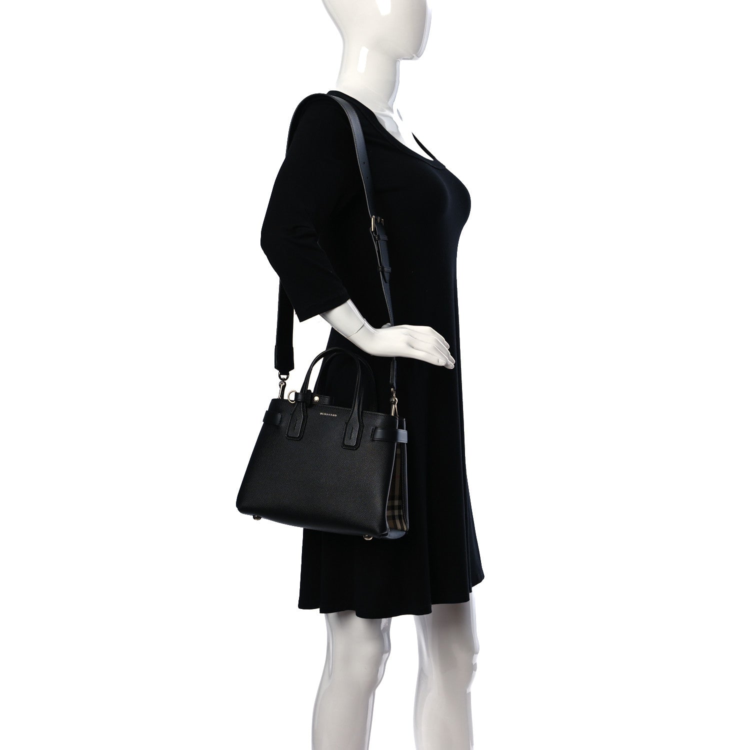 Burberry Grainy Calfskin House Check Small Banner Tote Black 2 of 10