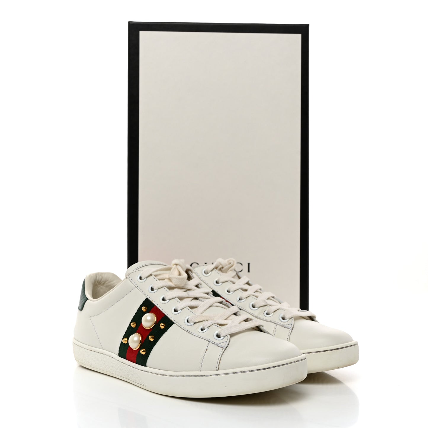 Calfskin Web Pearl Studded Womens Ace Sneakers 37.5 White