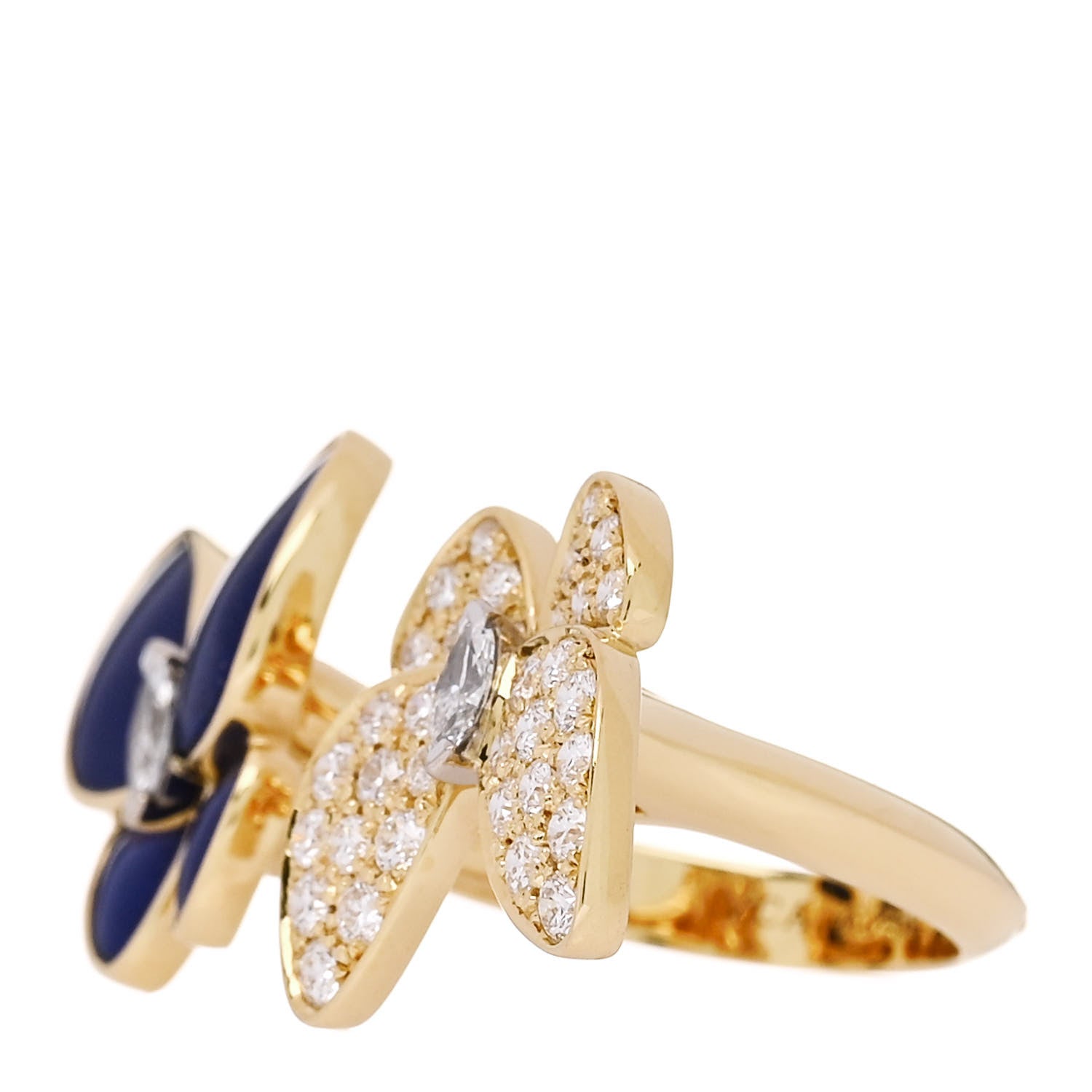 Van Cleef & Arpels 18K Yellow Gold Diamond Lapis Lazuli Two Butterfly Between The Finger Ring 52 6 3 of 6