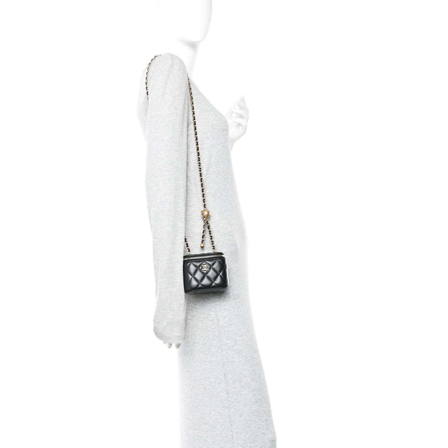 Lambskin Quilted Mini Pearl Crush Vanity Case With Chain Black