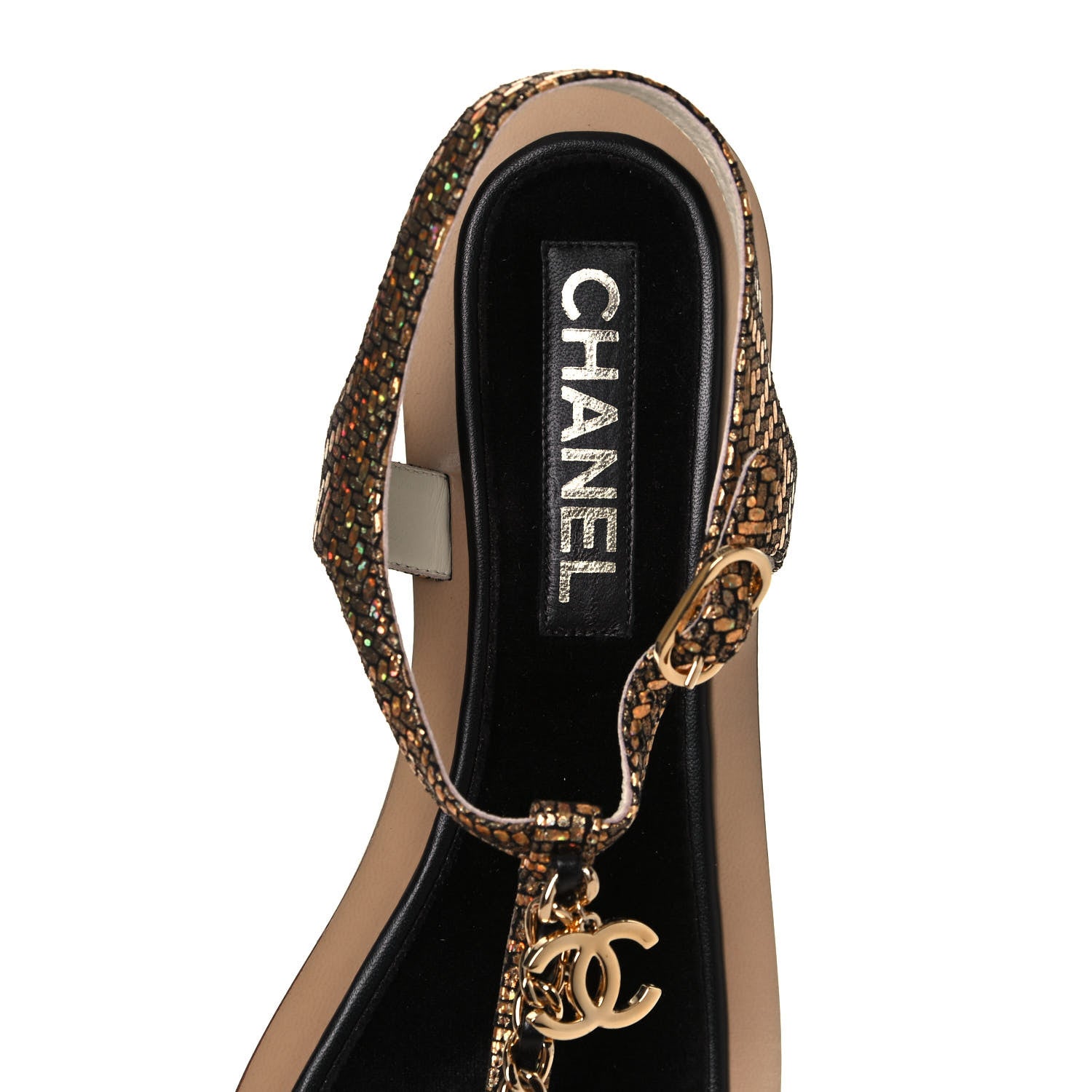 Chanel Fantasy Goatskin Suede CC Chain Thong Sandals 38.5 Gold Black 7 of 8