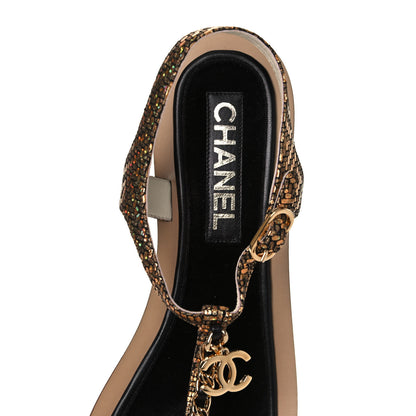 Chanel Fantasy Goatskin Suede CC Chain Thong Sandals 38.5 Gold Black 7 of 8