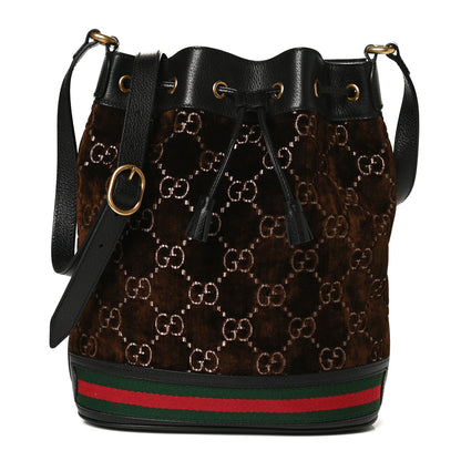 Gucci Velvet GG Monogram Textured Calfskin Web Bucket Bag Brown Black 1 of 12