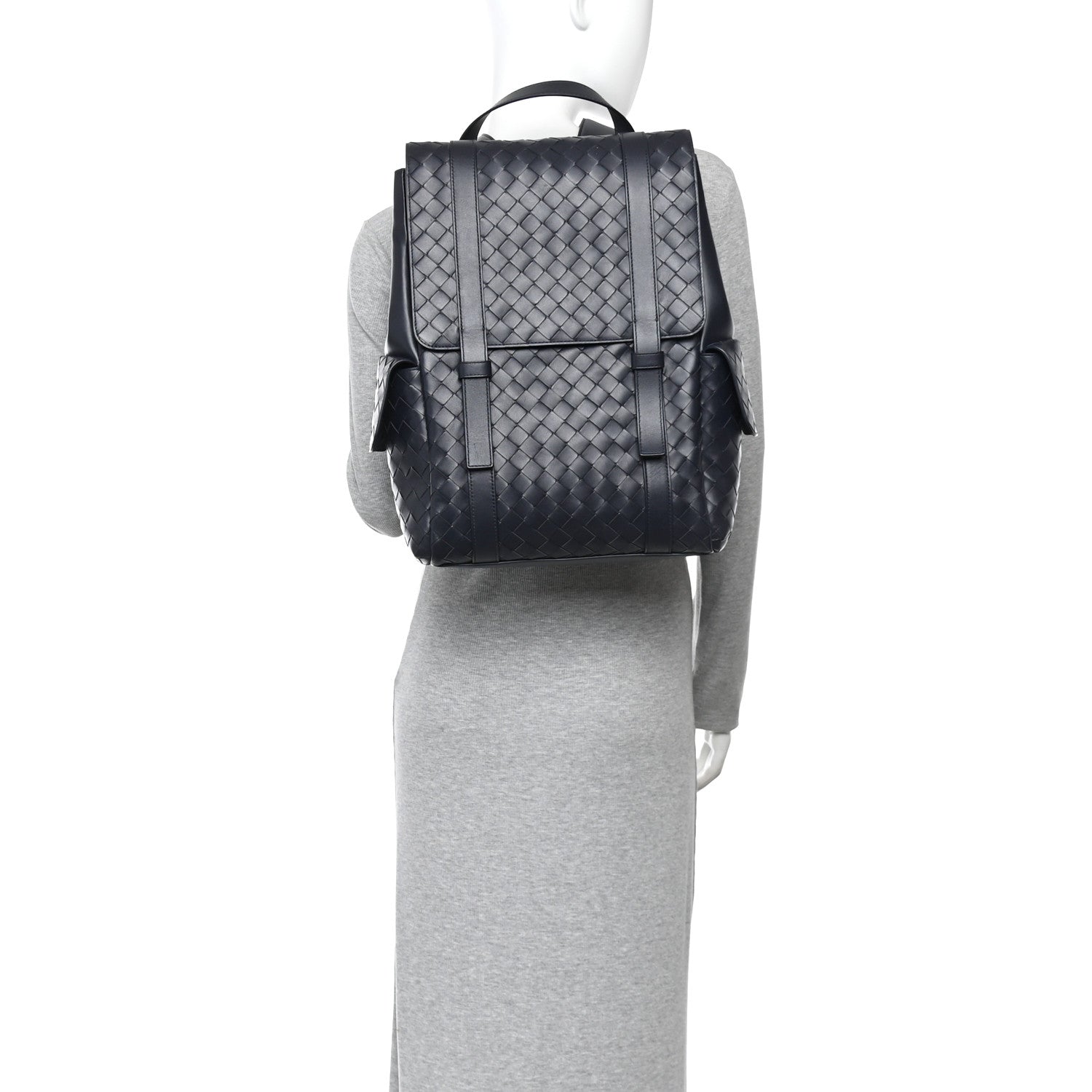 Bottega Veneta Canvas Calfskin Intrecciato Sassolungo Backpack Dark Blue 2 of 11