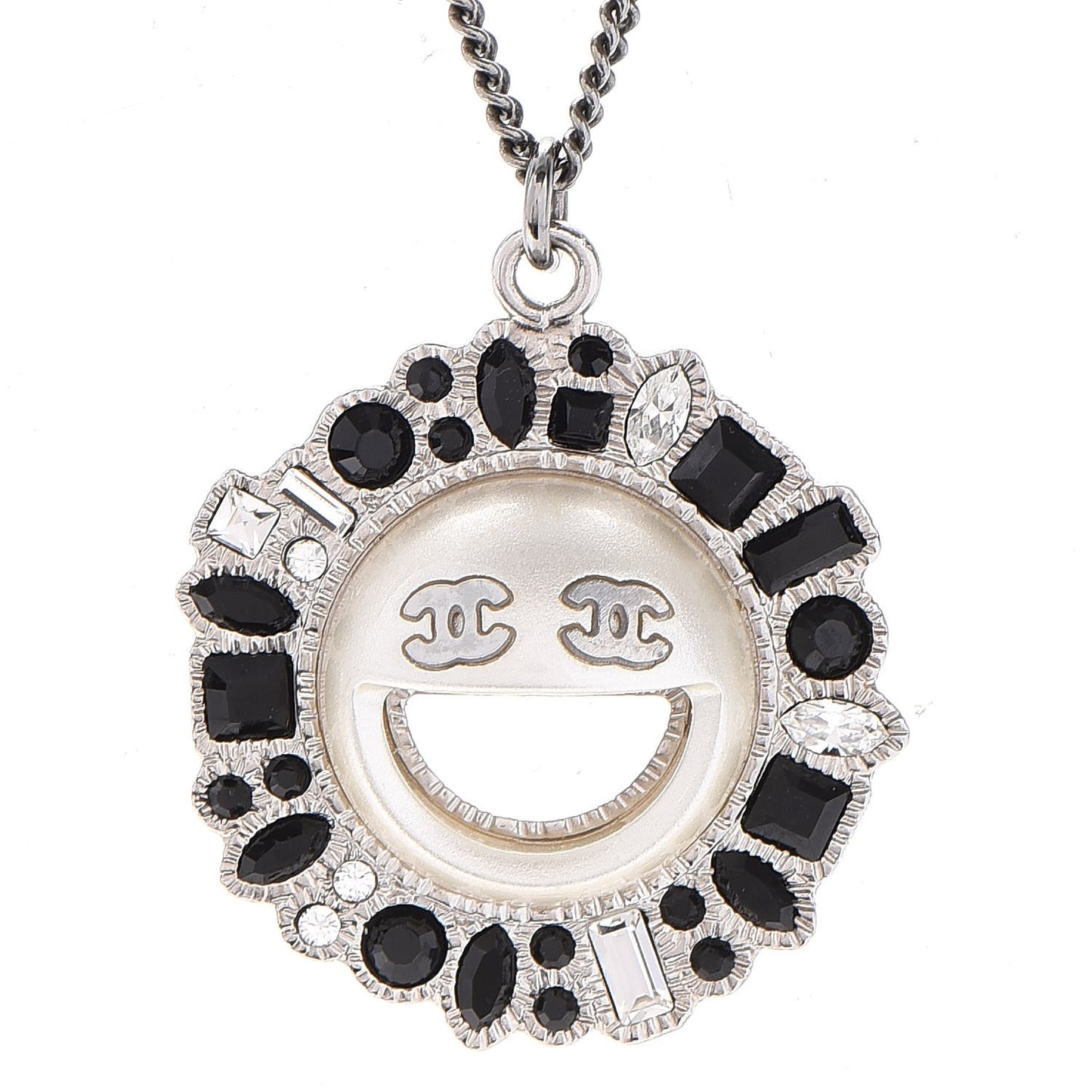 Crystal CC Smiley Emoji Pendant Necklace Silver Black
