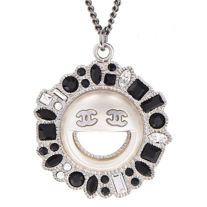 Chanel Crystal CC Smiley Emoji Pendant Necklace Silver Black 3 of 6