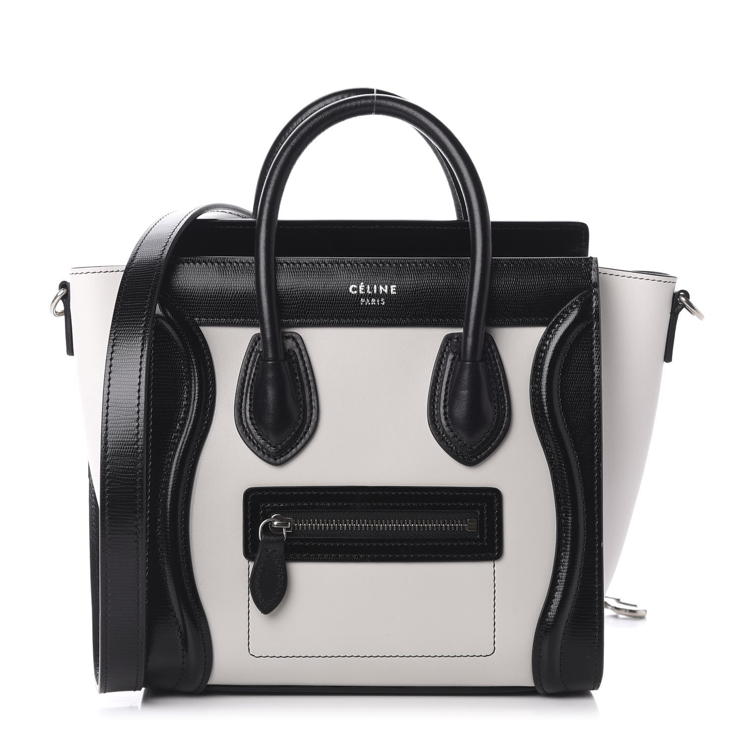 Celine Smooth Calfskin Lizard Embossed Nano Luggage White Black 1 of 9