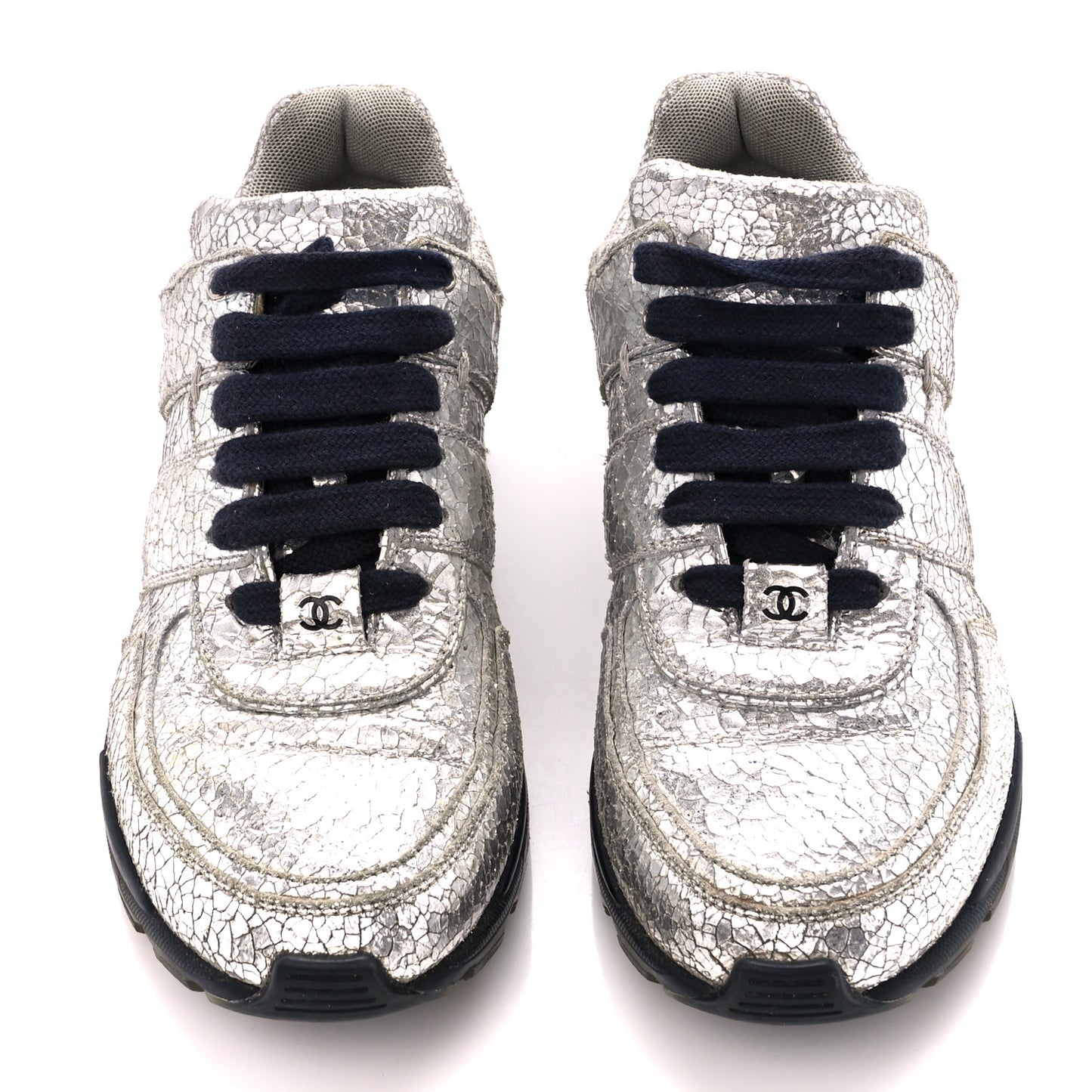Metallic Crackled Calfskin CC Sneakers 38.5 Silver Black Navy